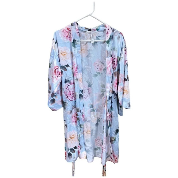 FLORA NIKROOZ Blue Satin Floral Robe Size Medium Large - Picture 2 of 6